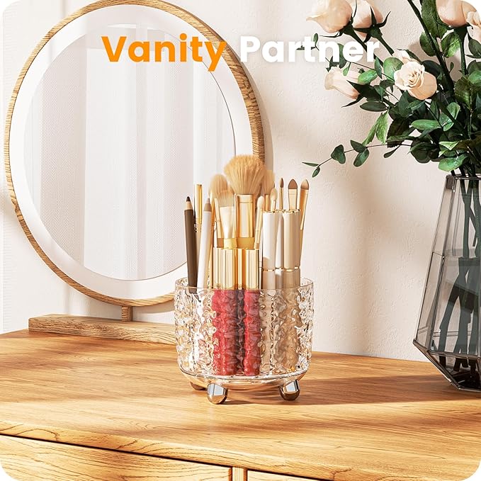 A-LuGei 【Crystal Design 𝟰.𝟳" Makeup Brush Holder Organizer, 𝟯𝟲𝟬° Rotating Makeup Organizer, 6 Slot Makeup Organizer Countertop, Vanity Organzier, Pen Holder for Desk Office Bathroom Desktop