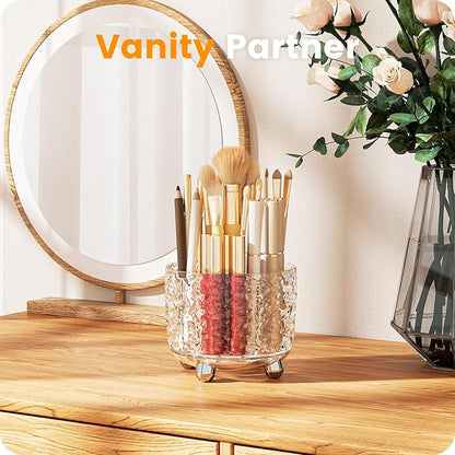 A-LuGei 【Crystal Design 𝟰.𝟳" Makeup Brush Holder Organizer, 𝟯𝟲𝟬° Rotating Makeup Organizer, 6 Slot Makeup Organizer Countertop, Vanity Organzier, Pen Holder for Desk Office Bathroom Desktop