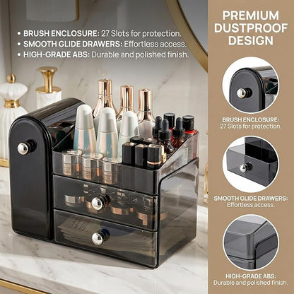 27 Slot Countertop Makeup Organizer with Brush Holder, 3-Tier Multifunctional Makeup Storage Organizer for Vanity, Fits Brushes & Large Cosmetics, Detachable & Easy to Clean
