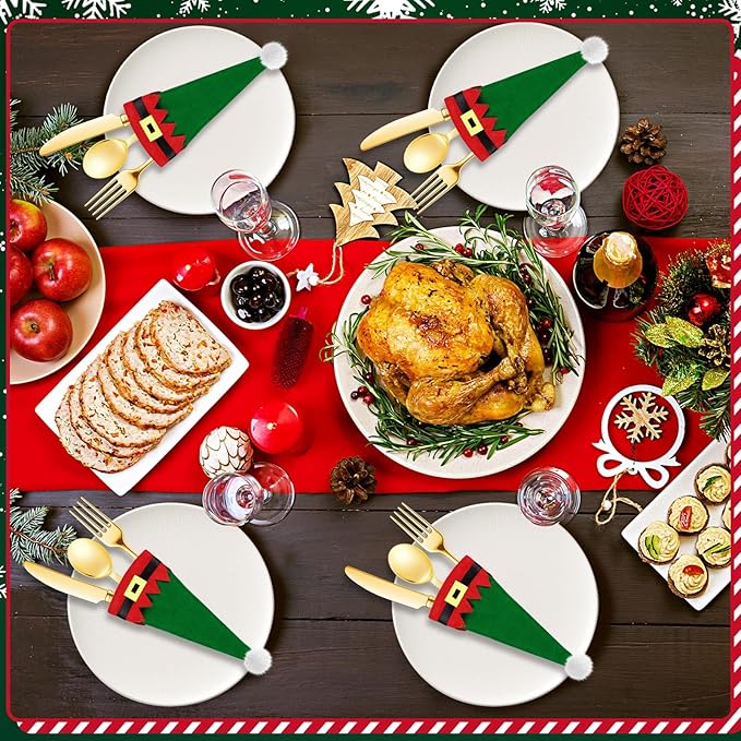 Hiboom Christmas Cutlery Holders 50 Pcs Hats Cutlery Holders Set Non Woven Fabric Silverware Storage Bag Santa Tableware Bags for Table Flatware Wine Bottle Xmas Tree Party Dinner