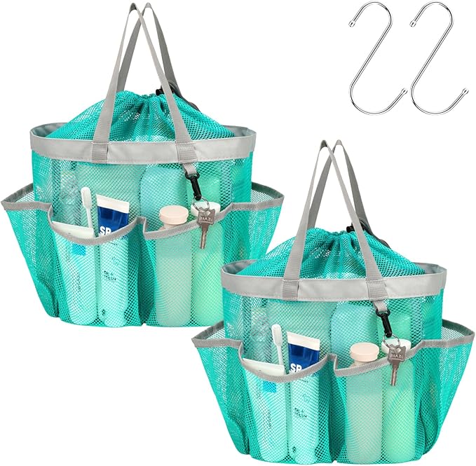 F-color Mesh Shower Caddy Portable with Drawstring - Large 8 Pockets Dorm Room Essentials for Guys Girls with S Hook, Shower Bag Basket Tote for College Camping Gym Travel Bathroom, 2 Pack Mint Green