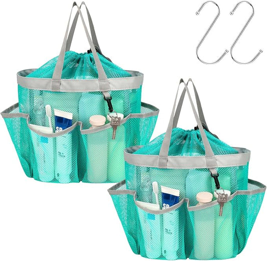 F-color Mesh Shower Caddy Portable with Drawstring - Large 8 Pockets Dorm Room Essentials for Guys Girls with S Hook, Shower Bag Basket Tote for College Camping Gym Travel Bathroom, 2 Pack Mint Green