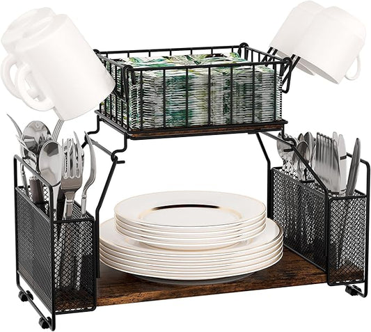 TQVAI Buffet Caddy, 2 Tier Countertop Paper Plate Organizer with Silverware Holder Mugs Hook Napkin Basket, Serving for Catering Supplies Buffet Display Hosting Thanksgiving Essentials, Black/Antique