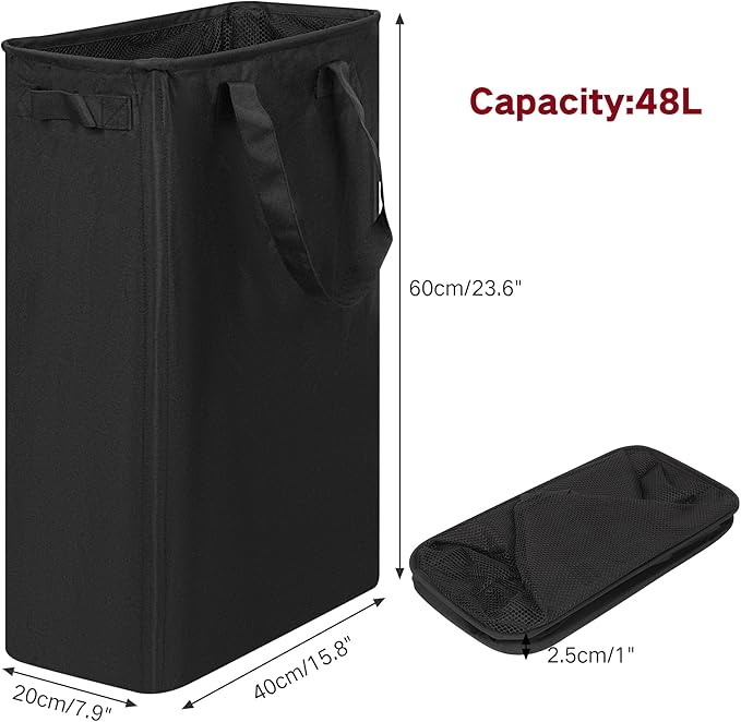efluky Slim Laundry Basket, Narrow Laundry Hamper with Handles, Collapsible Dirty Clothes Hamper, Tall Laundry Bin for Laundry Room, Dorm and Bedroom, 12.7 Gallons(48L) Black