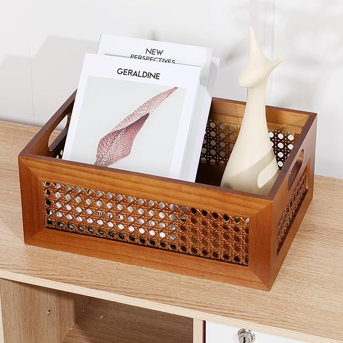 Wooden Storage Basket Handmade Rattan Drawer Storage Box with Frame & Handles Decorative Natural Bamboo Woven Bins Rustic Farmhouse Decor Home Office Tabletop Shelf Organizer 15" x 11" x 5.9"