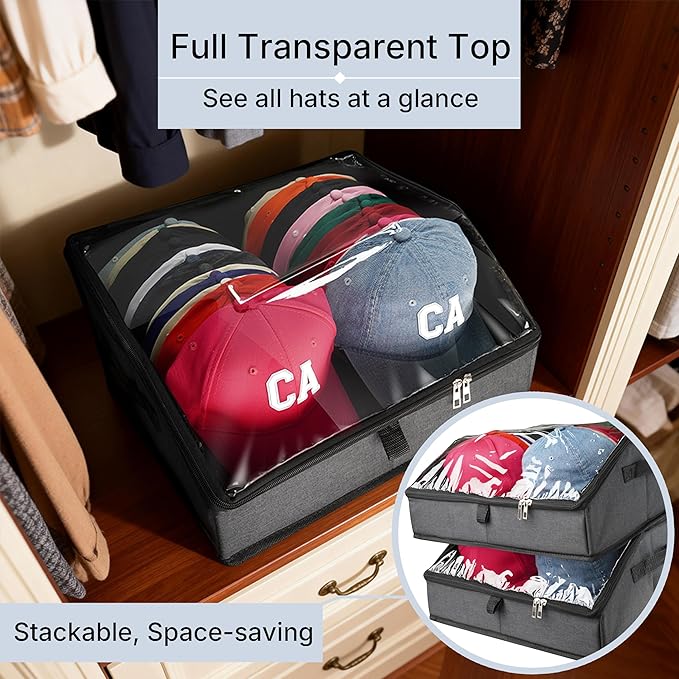 Hat Organizer for Baseball Caps, Hat Storage Holder Container for Closet Hold Up to 30 Caps with Clear Window, Hat Boxes for Home Storage (1Pcs Dark Gray