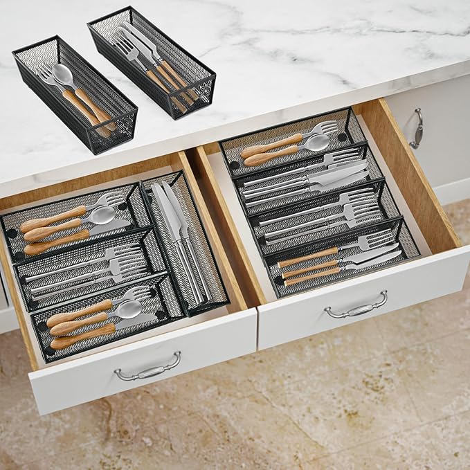Neudeco Silverware Organizer,Mesh Drawer Organizer for Kitchen，Metal Utensil Organizer for Flatware, Knives, Spoons,Cosmetic (Black 9 * 3 * 2 inch Pack12)