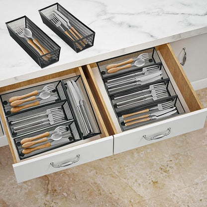 Neudeco Silverware Organizer,Mesh Drawer Organizer for Kitchen，Metal Utensil Organizer for Flatware, Knives, Spoons,Cosmetic (Black 9 * 3 * 2 inch Pack12)