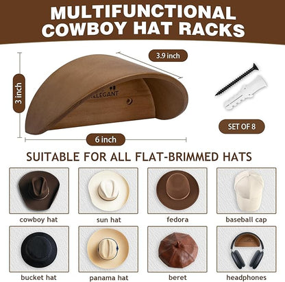 Cowboy Hat Rack for Wall, 4 Pack Hat Hooks with Non-Damage Brim Design, Rustic Wood Hats Hanger to Keep Original Shape of Hats, Hat Holder for Home, Closet, Entryway, Cabin, Western Room(Natural Wood)