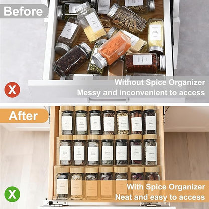 Spice Drawer Organizer with 20 Bamboo-lidded Spice Jars,216 Labels,25 Non-slip Rubber, Bamboo 4 Tier Seasoning Rack Tray Insert for Kitchen Drawers,Cabinets,Countertop,9" Wide x 15.8" Deep