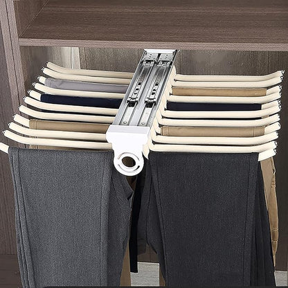 Pull Out Trousers Rack,Extendable Pants Holder,Cabinet Organizers Pants Rack Pant Hanger Rail Top Mount,for Space Saving and Storage,Beige