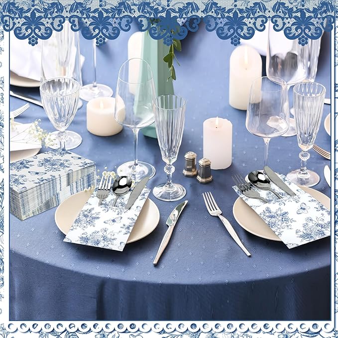 Sliner 50 Pieces White and Blue Floral Silverware Bags Paper Disposable Silverware Sleeves Blue Floral Cutlery Holder Chinoiserie Utensil Pouch Table Decoration for Wedding Cocktail Guest Tea Party