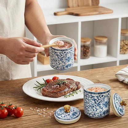 2 Pack Blue and White Porcelain Salt Cellar with Lid, Vintage Ceramic Salt Containers for Countertop, Small Airtight Salt Storage Box, Seasoning Holder, Spice Jars for Sugar, Candy, Herbs