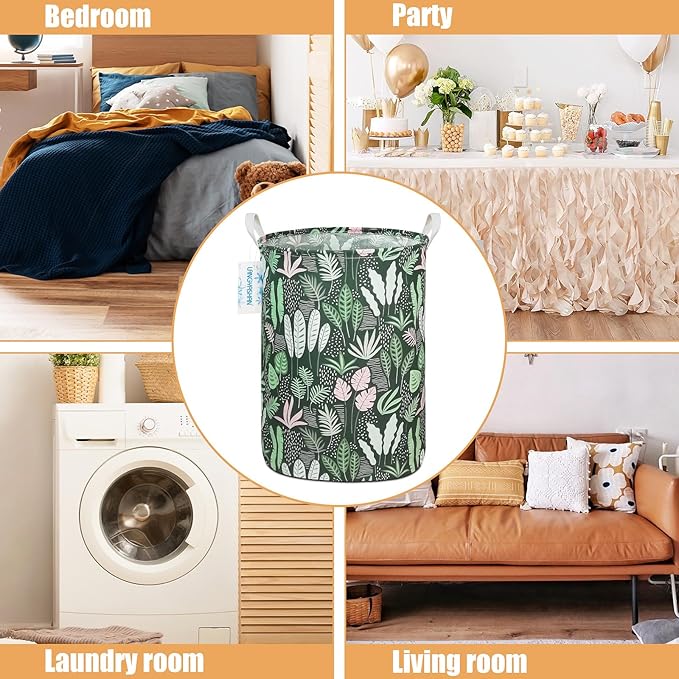 Laundry Basket Canvas Fabric Collapsible Organizer Basket for Storage Bin Toy Bins Gift Baskets Bedroom Clothes Children Nursery Hamper (Round Leaf)