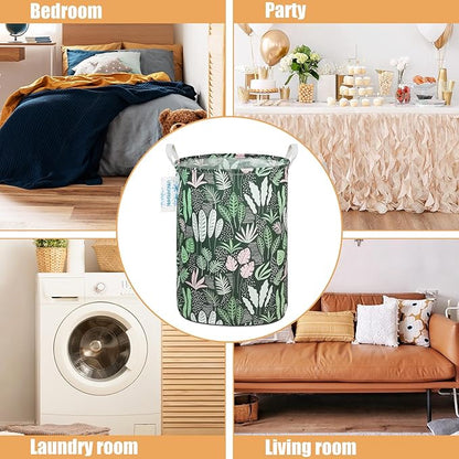Laundry Basket Canvas Fabric Collapsible Organizer Basket for Storage Bin Toy Bins Gift Baskets Bedroom Clothes Children Nursery Hamper (Round Leaf)