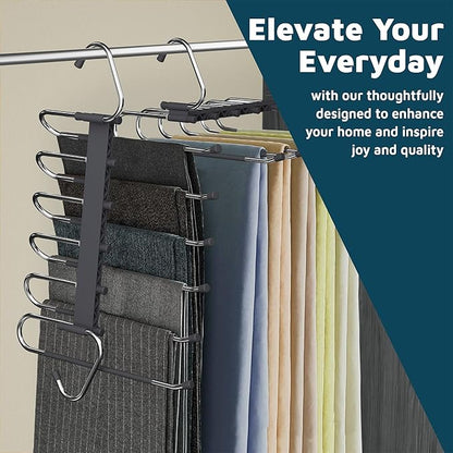 Lifemaster Space Saving Pants Hangers 2 Pack, 6 Layer Jeans Hangers & Closet Organizer for Jeans, Scarves, & Skirts, Multi-Layer Hanger with Anti-Slip Stopper, Heavy-Duty S-Type Stainless Steel, Gray