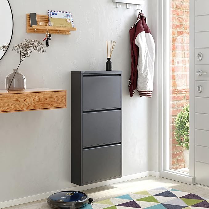 CEHA 3 Tier Metal Shoe Cabinet with Cover, Durable Shoe Storage Organizer for Entryway, Space Saving Shoe Shelf Closet, 5.91" x 40.6" x 19.68", Anthracite