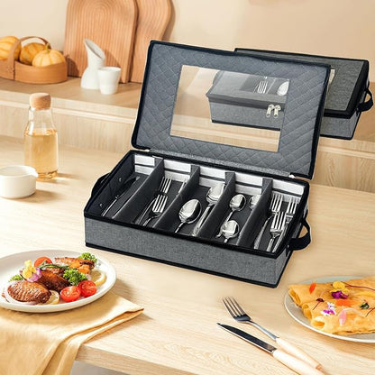 2 Pack Flatware Utensil Storage - Sturdy Silverware Storage Box with Dividers, 5 Compartment Flatware Storage Case with Handles and Removable Lid for Moving&Protected(Dark Gray)