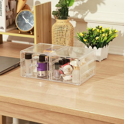 Cq acrylic Clear Stacking Make Up Organizers and Storage With 2 Drawers,4.7" Tall Acrylic Medicine Cabinet Organizer,Plastic Desktop Drawers Organizer for Vanity, Undersink, Kitchen Cabinets,Bathroom