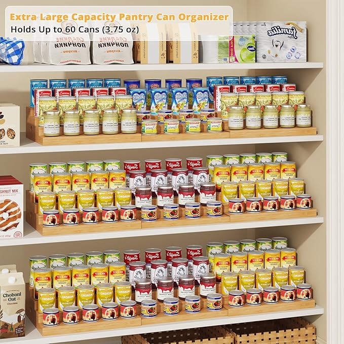4-Tier Extra-Long Expandable Can Rack, Adjustable Bamboo Organizer for Pantry, Can Storage Holder for Pantry Shelf & Countertop, Large Capacity Holds 60 Cans (3.75oz), Patent Pending