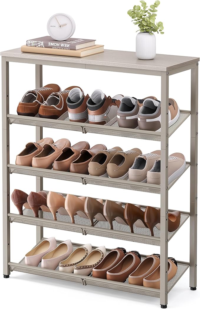 SONGMICS HOME 5 Tier Shoe Storage Organizer, Freestanding Shoe Rack, Dense Mesh, for Living Room, Bedroom, Entryway, Beige