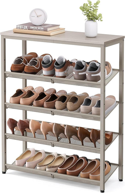 SONGMICS HOME 5 Tier Shoe Storage Organizer, Freestanding Shoe Rack, Dense Mesh, for Living Room, Bedroom, Entryway, Beige