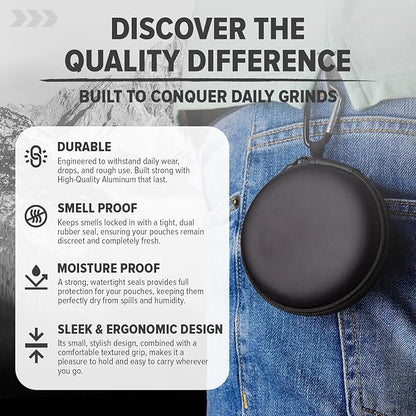 Premium Zyn Metal Can - Waterproof, Moisture & Odor Proof - Metal Zyn Container - Dip Can, Zyn Tin, Zyn Holder with Knurled Edges, Aluminum Zyn Can & Organizer - The Stealth (Black, Knurled Edge)