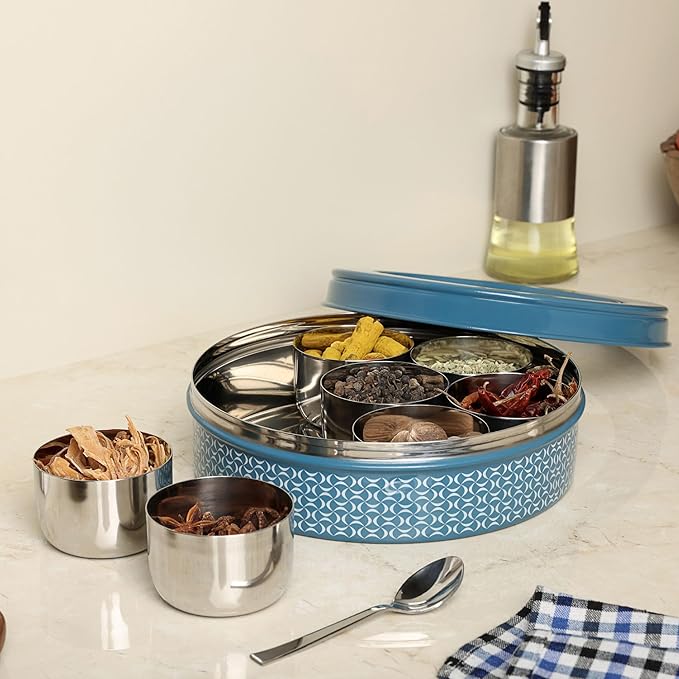 dudki 7 in 1 Stainless Steel Spice box for kitchen sturdy Masala dabba jar for Spices Seamless Design (Dusky Blue)