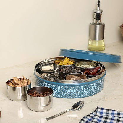 dudki 7 in 1 Stainless Steel Spice box for kitchen sturdy Masala dabba jar for Spices Seamless Design (Dusky Blue)