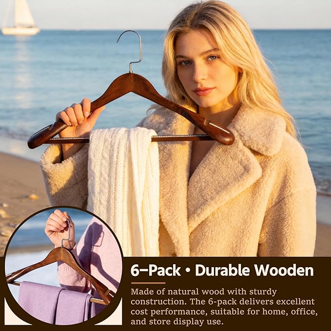 Luxury Wide Shoulder Wooden Coat Hangers with Anti Slip Pants Bar, Solid Wood Thick Jacket Hangers Smooth Finish for Sweater Dress Pants Sport Coats (Dark Brown, 6 Pack)
