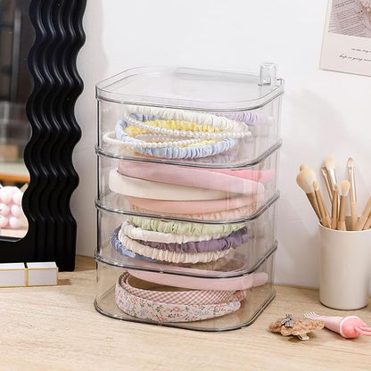 FABROK 4-Layer Girls Hair Tie Organizer, Rotating Hair Accessories Storage Holder for Vanity and Bathroom, Clear Plastic Container for Women Makeup Tools, Skincare Products