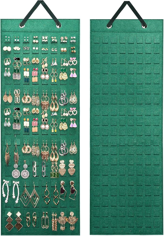 Lolalet Hanging Earring Holder Organizer with 20 Hooks for Women, Earring Organizer Wall Earrings Hanger Pierced Earring Storage, Felt Stud Earring Display, 608 Holes for Earrings -Emerald, 1 Pack
