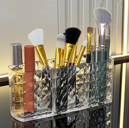 KNC 3 Compartment Acrylic Cosmetic Brushes Storage,Makeup Brush Holder Organizer,Perfect Bathroom Vanity Storage Solution for Makeup Brushes,Eyebrow Pencils,Lipsticks,Nail Polishes, and More