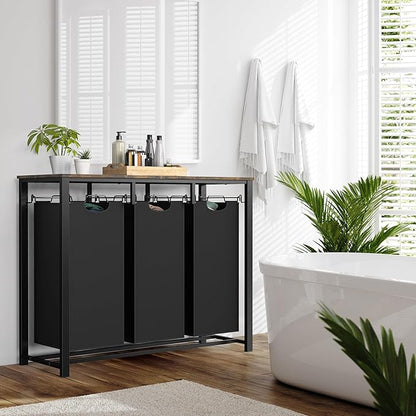 Simple Houseware 3-Section Laundry Sorter with Tabletop Shelf, 3 Pull-Out 10-Gallon Hampers, Metal Frame Laundry Organizer for Bedroom, Bathroom, Rustic Brown