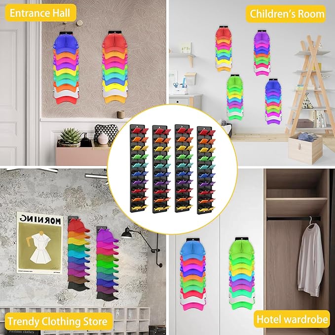 4 Pack Hat Organizer for Baseball Caps Hat - with Built-in Spring Clips Wall Mount Closet Hat Rack Holder Organizer for Baseball Caps Hold Up to 40 Hats Strong Adhesive Hat Storage Display Holder