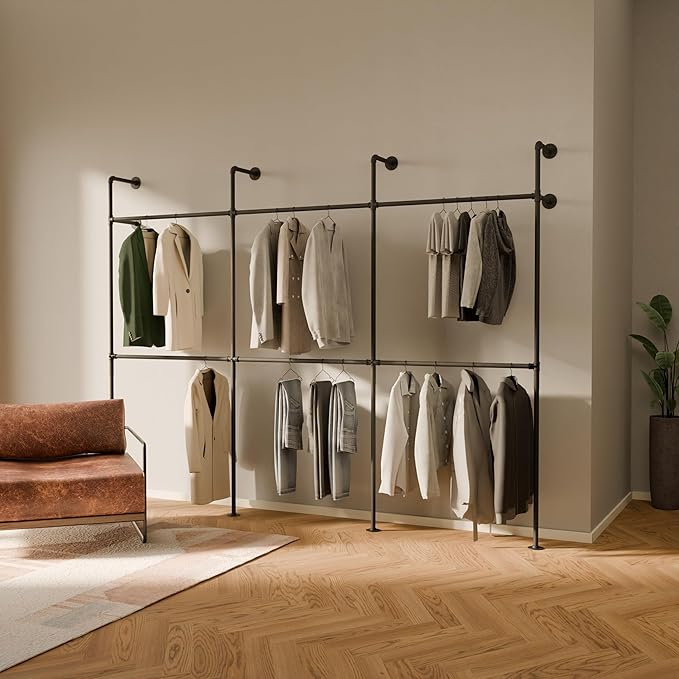 pamo Industrial Pipe Clothing Rack – Wall Mounted Black Closet System in Powder-Coated Steel – 116.54" W × 87.4" H – Easy Setup – Ideal for Walk-In Closets & Retail Use