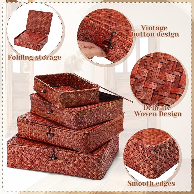 Didaey Set of 4 Seagrass Basket with Lid Wicker Storage Basket Decorative Storage Boxes with Lids Flat Storage Bins Woven Organizer Baskets for Shelf Closet Bedroom, 4 Sizes (Retro Red)