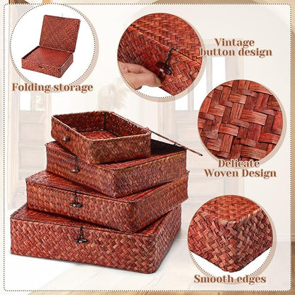 Didaey Set of 4 Seagrass Basket with Lid Wicker Storage Basket Decorative Storage Boxes with Lids Flat Storage Bins Woven Organizer Baskets for Shelf Closet Bedroom, 4 Sizes (Retro Red)
