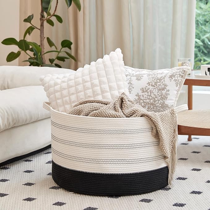 R RUNKA XXXLarge Cotton Rope Basket 22" X 22"X 14" Blanket Basket for Living Room Woven Basket Soft Baby Laundry Blanket Basket Nursery Bin Toy Basket with Handle White+Black