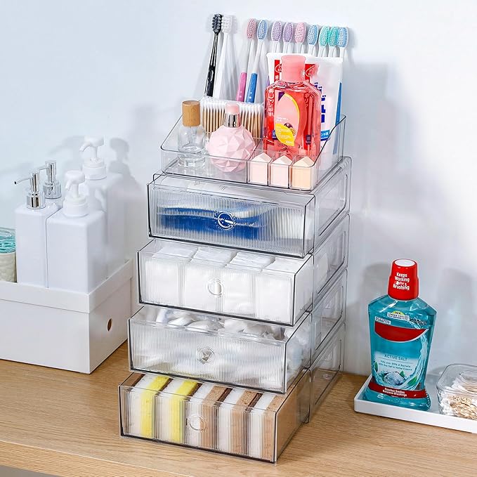 5-Tiers Makeup Organizer with Drawer for Vanity, Stackable Bathroom Storage Box for Beauty Essentials, Skincare Products, Cosmetic Brushes, Perfume Stand, Clear Lipsticks Holder