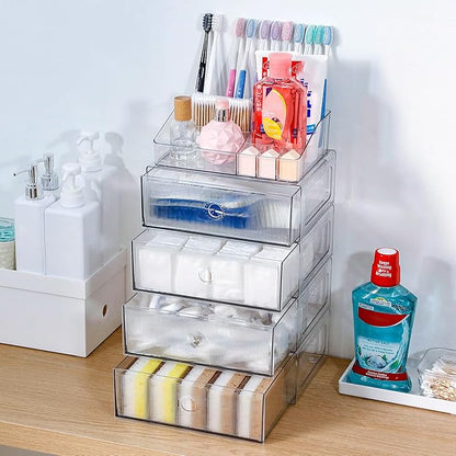5-Tiers Makeup Organizer with Drawer for Vanity, Stackable Bathroom Storage Box for Beauty Essentials, Skincare Products, Cosmetic Brushes, Perfume Stand, Clear Lipsticks Holder