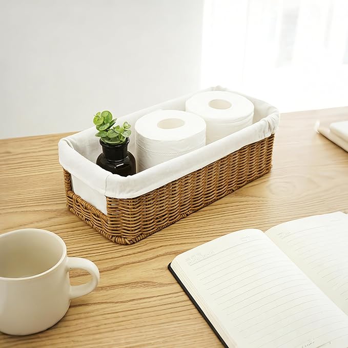 YRMT Rattan Toilet Tank Basket Toilet Paper Storage Baskets for Bathroom Handwoven Toiletry Countertop Organizer Water-Resistant Home Decor 14" x 6" x 4" (Rattan)