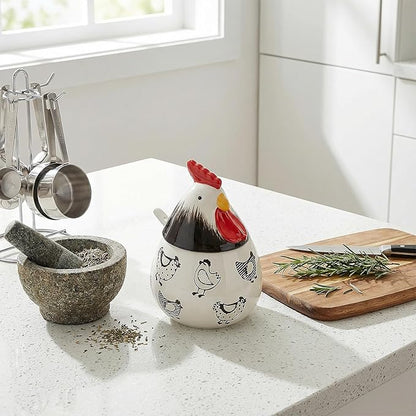 Ceramic Salt Cellar with Lid and Spoon,17oz Large Chicken Rooster Cookie Jar Salt Containers Holder for Countertop Spices,Cute Farmhouse Kitchen Decor,Spice Jar for Coffee,Sugar,Spices,Candies (#A)