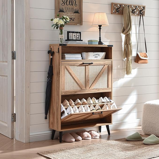Barnyatoh Shoe Storage Cabinet, Boho Rattan Shoe Organizer with 2 Flip Drawers,Farmhouse Freestanding Hidden Slim Narrow Shoe Rack Cabinet with Open Shelves for Entryway, Foyer,Hallway, Natural