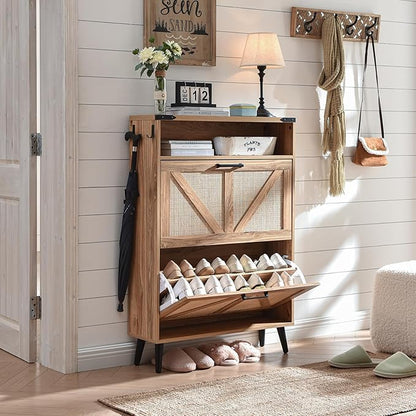 Barnyatoh Shoe Storage Cabinet, Boho Rattan Shoe Organizer with 2 Flip Drawers,Farmhouse Freestanding Hidden Slim Narrow Shoe Rack Cabinet with Open Shelves for Entryway, Foyer,Hallway, Natural