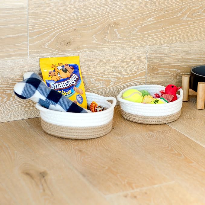 NaturalCozy 5-Piece Round Small Woven Baskets Set– Cotton Rope Baskets for Organizing! Montessori Toys, Fruits Remotes Key Tray Bowl for Entryway Desk, Shallow Catchall Home Décor, Cat Dog Bin Gift
