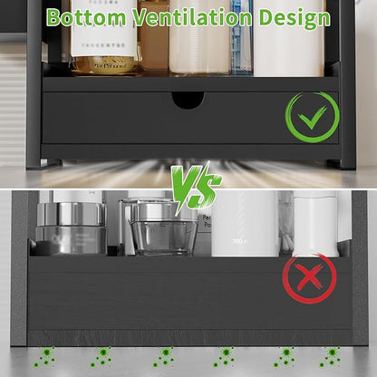 Kottwca 2-Tier Bathroom Counter Organizer with Drawer, Basket & Hooks, Wooden Vanity Shelf for Skincare, Perfume & Makeup Storage(Black)