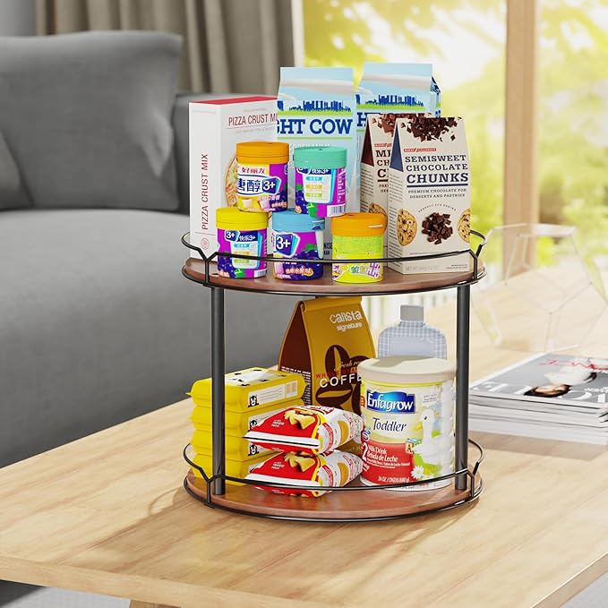 12.4" Lazy Susan Organizer 2 Tier, Rotating Spice Rack, Wooden Spinning Spice Holder for Inside Cabinet, Pantry, Kitchen, Countertop, Bathroom and Vanity, Versatile Storage