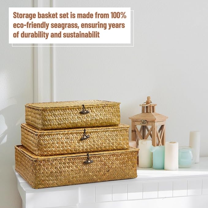 Didaey Set of 4 Seagrass Basket with Lid Wicker Storage Basket Decorative Storage Boxes with Lids Flat Storage Bins Woven Organizer Baskets for Shelf Closet Bedroom, 4 Sizes (Yellow)