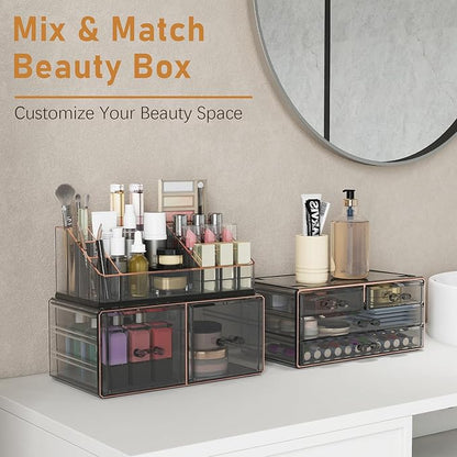 Delamu 3-Tier 6-Drawer Makeup Organizer Countertop Cosmetic Organizer for Dresser and Vanity Bathroom Organizers and Storage for Lipstick Brush Skincare Perfume, Nail Polish, Black with Gilded Borders